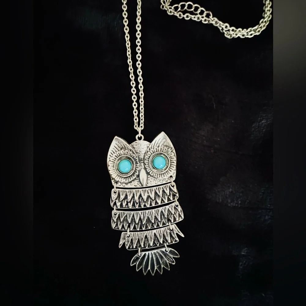 Vintage Articulated Owl Pendant Necklace • Boho Turquoise Eyes • Long Chain